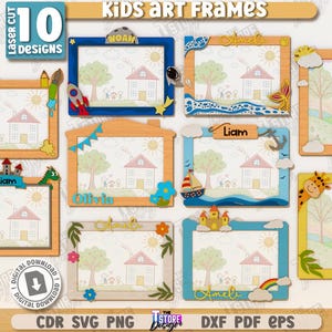 Puede incluir: Diez marcos de arte para niños cortados con láser en varios diseños. Cada marco presenta una ilustración de una casa, con elementos decorativos como cohetes, veleros y jirafas. Los marcos son de diferentes colores, incluyendo azul, naranja y amarillo. El texto "Kids Art Frames" es visible.