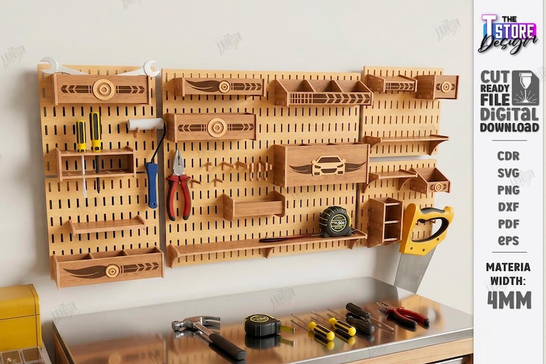 May include: Wooden pegboard with various tools and storage shelves. Includes a saw, pliers, screwdrivers, and a tape measure. The pegboard has a car design and the text "CUT READY FILE DIGITAL DOWNLOAD".