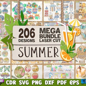 Puede incluir: Una colección de diseños cortados con láser con temática de verano. La imagen presenta un letrero que dice "206 MEGA BUNDLE DESIGNS LASER CUT SUMMER". Los diseños incluyen escenas de playa, mariposas y frutas.