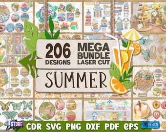 206 Sommer Mega Bundle Laser Cut, 3D Strand Mega Bundle, Sommer Wandkunst, 3D Schmetterling und Libelle, Honigbiene Tiered Tablett svg, Türschilder