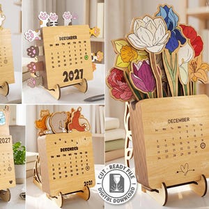Puede incluir: Un conjunto de cinco calendarios de escritorio de madera cortada con láser con adornos intercambiables que incluyen patos, patas de gato, flores, alimentos y animales. Cada calendario muestra diciembre de 2027 sobre una base de madera de 3mm.