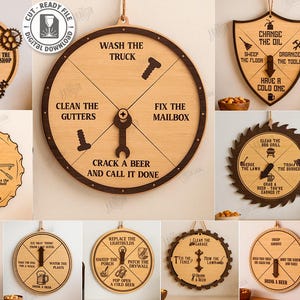 May include: A collection of ten laser-cut wooden designs, each featuring a circular or shield-shaped design with text and illustrations. The designs include phrases like "Wash the Truck" and "Crack a Beer." The designs are suitable for digital download.
