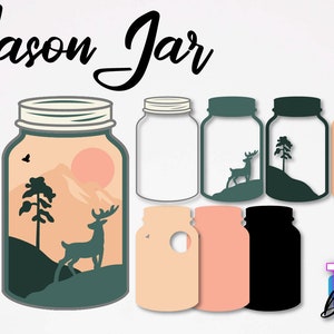 May include: A set of six mason jar SVG cut files. The jars feature a variety of designs, including a mountain scene with a deer, a tree, and a sunset. The files are available in SVG, DXF, EPS, PDF, and PNG formats.