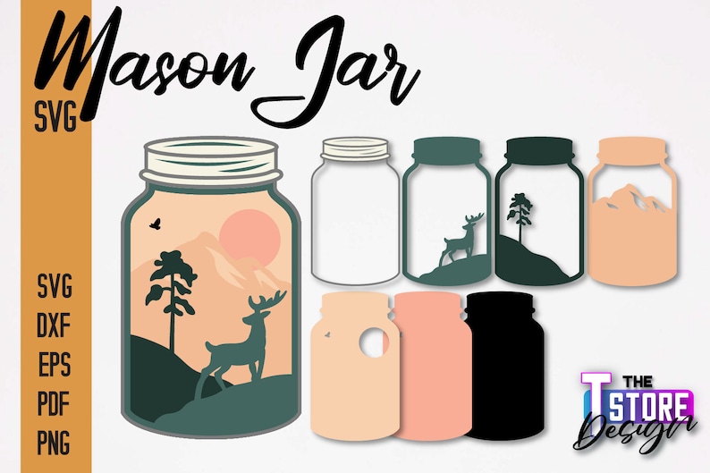 May include: A set of six mason jar SVG cut files. The jars feature a variety of designs, including a mountain scene with a deer, a tree, and a sunset. The files are available in SVG, DXF, EPS, PDF, and PNG formats.