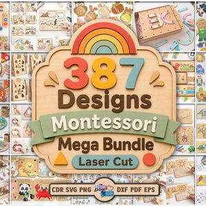 387 Montessori-pedagogiska spel, laserskuret megapaket, barnpussel, balansspel, kläddocka, mixa och matcha SVG, memori-spel