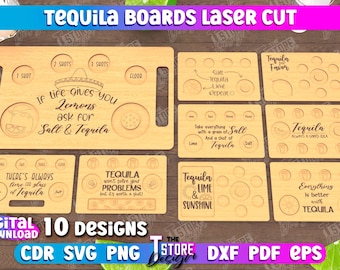 Tequila shot boards lasercut bundle, tequila trays laser cut, tequila flight board svg, kitchen cutting board, alcohol shot serving tray svg