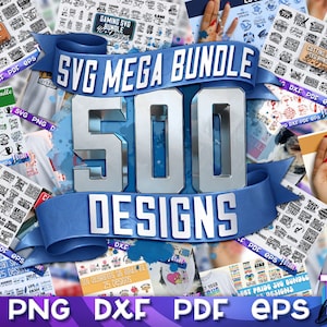 May include: A collage of images showcasing a large bundle of 500 SVG designs. The designs are organized into categories such as "Cutting Boards", "Golf Keychain", "Gaming", "Love Yourself", "Sea & Ocean", and "Got Pride". Each category includes a variety of designs in black and white, with the text "SVG MEGA BUNDLE 500 DESIGNS" prominently displayed in the center.