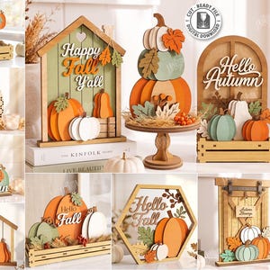 May include: A collection of ten laser-cut wooden autumn-themed decorative signs and tiered tray displays featuring pumpkins, leaves, and text such as Happy Fall Y'all and Hello Autumn. The designs are crafted for 3mm material thickness.