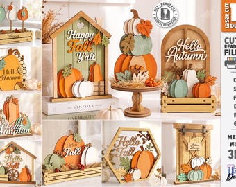 Herbstliche Kürbisdeko (SVG) – Lasergeschnittene, herbstliche Etageren-Deko – Kürbis-Schilder für Thanksgiving – Erntedank-Holzdeko (SVG)