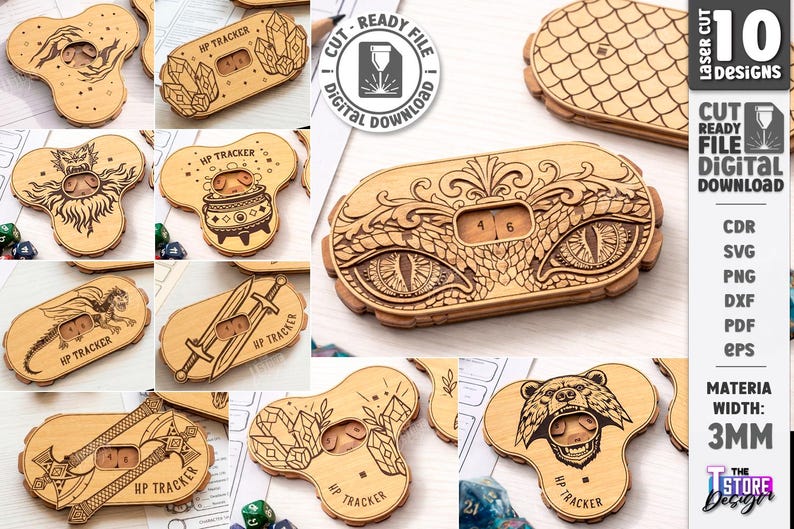 K&ouml;nnte beinhalten: Eine Sammlung lasergeschnittener HP-Tracker aus Holz mit verschiedenen Designs, darunter Drachen und Kristalle. Jeder Tracker hat einen Schlitz zum Einstellen der HP-Anzahl. Das Bild zeigt auch eine digitale Download-Grafik.