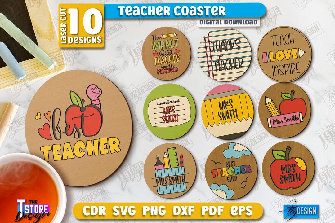 Teacher Wooden Cup Coasters Laser Cut Bundle, Teacher Gift, Teacher ...