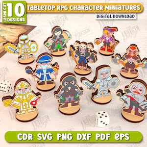 Könnte beinhalten: Zehn Tabletop-RPG-Charakterminiaturen in verschiedenen Designs, lasergeschnitten aus Holz. Jede Miniatur ist etwa 3 mm dick. Enthält zwei Würfel und den Text "TABLETOP RPG CHARACTER MINIATURES" und "DIGITAL DOWNLOAD".