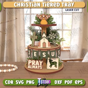 3d christian tiered tray lasercut, religious sign laser cut design, wooden tiered tray set, layered cross svg, bible interchangeable sign