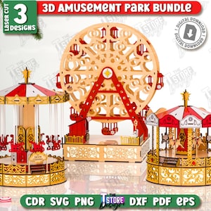 May include: A 3D amusement park bundle with three laser-cut designs. The set includes a Ferris wheel, a carousel, and a smaller carousel, in natural wood and red. The text "3D AMUSEMENT PARK BUNDLE" is visible.