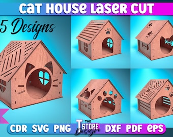 May include: Five laser cut cat house designs in various styles. Each design features a different cat-themed cutout on the front, including paw prints, a fishbone, and a cat face. The houses are made of wood and are 6mm (1/4 inch) thick. The text "CDR SVG PNG THE STORE DESIGN DXF PDF EPS" is at the bottom of the image.