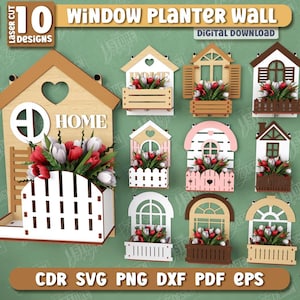 Fenster Planter Wall Laser Cut Bundle, Holzbalkon, Blumentöpfe, Balkon mit Pflanzen, Wandpflanzen, Pflanzenanzeige, Zimmerpflanzen SVG