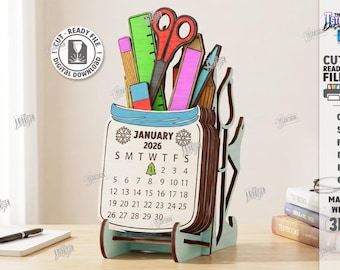 Calendario de escritorio para profesores 2026, diseño cortado con láser, calendario escolar SVG, calendario de escritorio SVG, regalos para la vuelta al cole, calendario de escritorio de madera SVG