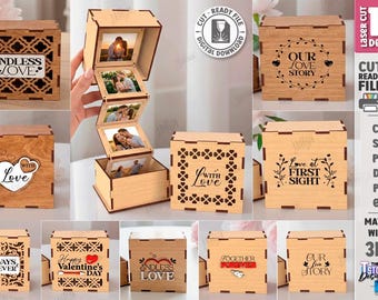 3D-träkärleksfotominnesask laserpaket, alla hjärtans dag-fotoramsask, utdragbart fotoalbum, personlig fotolåda, minnesminne