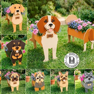 May include: A collection of laser-cut dog-shaped planters, each holding colorful flowers. The designs include various breeds, with a tag that says "Jake". The image also includes the text "10 Designs", "Cut Ready File", and "Material Width: 6mm".