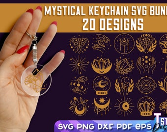 May include: A set of 20 mystical keychain SVG designs featuring celestial, crystal, and nature-inspired motifs. The designs are outlined in gold and are perfect for creating unique and personalized keychains.