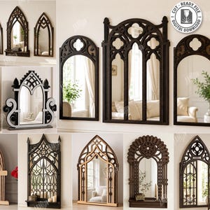 May include: A collection of ten digital laser cut files for gothic-style arched mirrors and window frames. The designs feature intricate wooden lattice patterns, pointed arches, and decorative scrollwork. Includes CDR, SVG, PNG, DXF, PDF, and EPS formats.