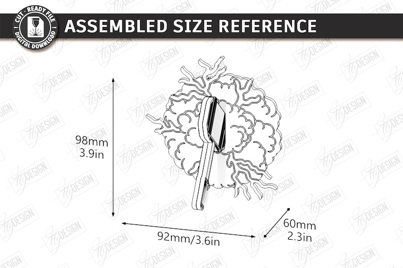 Puede incluir: Dibujo lineal de un objeto decorativo con dise&ntilde;o floral y asa. El tama&ntilde;o ensamblado es de 98 mm de alto, 92 mm de ancho y 60 mm de profundidad. El texto "ASSEMBLED SIZE REFERENCE" est&aacute; en la parte superior.