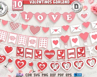 3d Valentine's day garland laser cut bundle, Valentine banners, love layered garland svg, welcome bunting banner svg, Valentines quotes svg