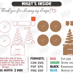 May include: A digital design file for laser cutting featuring Christmas tree shapes, circular bases, and rectangular stands. The image displays red cut lines, green score lines, and brown filled shapes with text labels for file formats and material width of 3 mm.