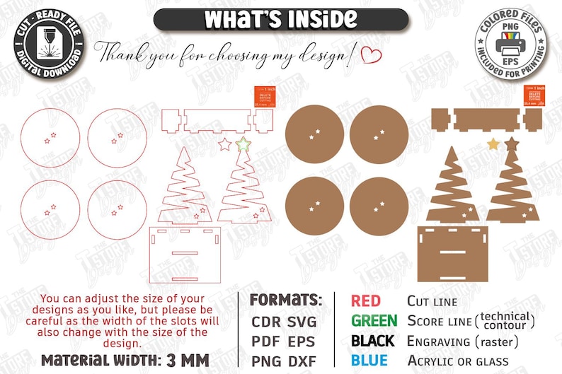 May include: A digital design file for laser cutting featuring Christmas tree shapes, circular bases, and rectangular stands. The image displays red cut lines, green score lines, and brown filled shapes with text labels for file formats and material width of 3 mm.