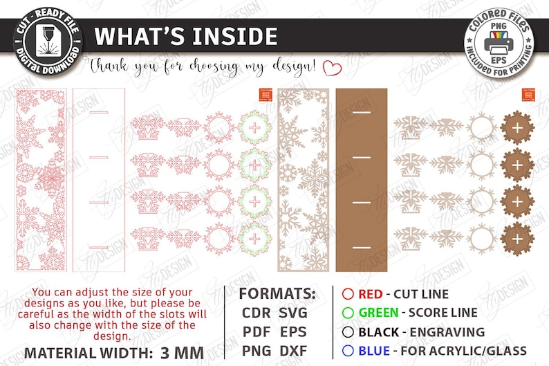 Op de afbeelding: Een digitale ontwerpbestandsset met sneeuwvlokpatronen voor lasersnijden. Bevat snijlijnen, vouwlijnen en graveerdetails voor 3 mm materiaal. De tekst bevat WHAT'S INSIDE, Thank you for choosing my design!, FORMATS: CDR SVG PDF EPS PNG DXF en kleurgecodeerde lijngidsen.
