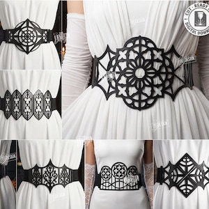 May include: A collection of ten black laser-cut belt designs featuring intricate geometric, floral, and bat-shaped patterns. The digital file set includes CDR, SVG, PNG, DXF, PDF, and EPS formats for leather laser cutting projects and print files.