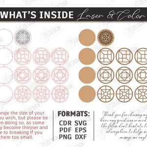 May include: A digital design file with laser cut and color options. The image displays various circular and geometric designs in brown and red, with the text "WHAT'S INSIDE Laser & Color". Formats include CDR, SVG, PDF, EPS, PNG, and DXF.