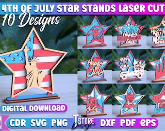 May include: Laser-cut star stands for the 4th of July, featuring 10 designs. Each star is red, white, and blue, with patriotic themes like the Statue of Liberty, an eagle, and fireworks. The text "4th of July Star Stands Laser Cut" is at the top.