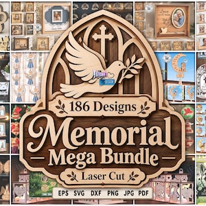 Puede incluir: Una colección digital de 186 diseños conmemorativos cortados con láser que presentan texturas de madera, motivos de palomas y cruces, y varios marcos. El gráfico central muestra el texto 186 Designs Memorial Mega Bundle Laser Cut EPS SVG DXF PNG JPG PDF.