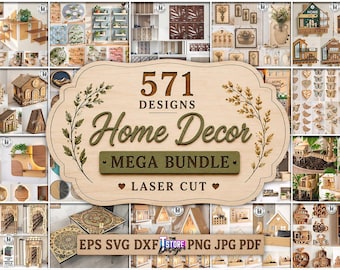 571 Wohnkultur Laser Cut Mega Bundle, Wanddekor SVG, Holzboxen, Nachtlicht DXF, Familienfotorahmen, Schmuckständer, Schmuckständer