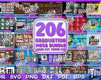 Mega paquete de graduación / Paquete Mega Grad SVG / Clase de 2024 Mega paquete de corte láser / Graduación 206 Diseños de corte láser / Corte láser 3D Grad