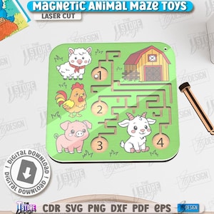 May include: A green wooden magnetic animal maze toy with a sheep, rooster, pig, and goat. The maze has a barn and the text "MAGNETIC ANIMAL MAZE TOYS" and "LASER CUT". A wooden stylus is included.