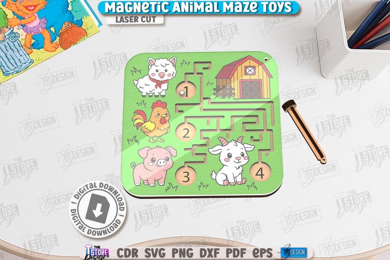 May include: A green wooden magnetic animal maze toy with a sheep, rooster, pig, and goat. The maze has a barn and the text "MAGNETIC ANIMAL MAZE TOYS" and "LASER CUT". A wooden stylus is included.