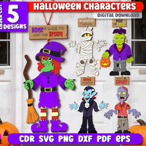 May include: A digital download graphic featuring five Halloween character designs. The characters include a witch, mummy, Frankenstein's monster, vampire, and zombie. The image includes the text "Halloween Characters" and "Digital Download".