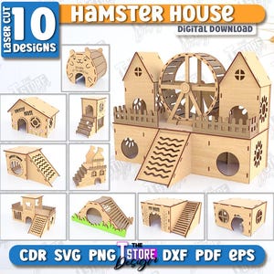 May include: Ten digital download designs for a hamster house, made from 3mm (1/8 inch) laser cut wood. The designs include a multi-level house with a wheel, a single-level house, a tunnel, and a ramp.