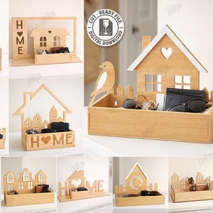 May include: A collection of laser-cut wooden home decor organizers in various house-shaped designs. Each organizer features compartments for keys, wallets, and sunglasses. The designs include a bird, fences, and the word "HOME". The material width is 3mm.