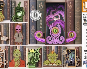 Halloween Bookshelf Decor SVG - Laser Cut Spooky Book Nook Shelf Sitters - Monster Witch Zombie Gothic Library Decor svg