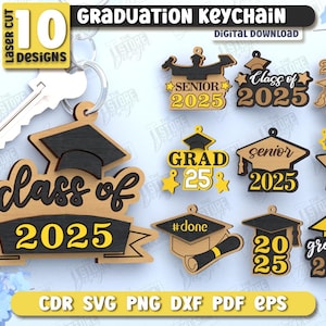 Paquete de llaveros de graduación cortados con láser, llaveros SVG para estudiantes de último año, promoción de 2025, llaveros SVG de madera para graduados, SVG escolar, regalo para graduados cortados con láser