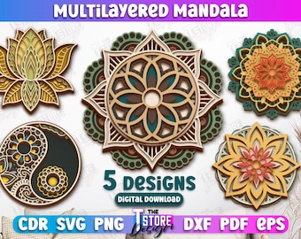 Layered Mandala Laser Cut Bundle, Multilayer Mandala Laser Cut Files, Layered Mandala Laser File, 3D Lotus Flower Multilayered Mandalas