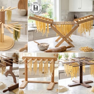 May include: A collection of five laser cut wooden pasta drying rack designs, including rotating tree-style stands and folding trestle frames. These digital files are compatible with 4mm material width and include CDR, SVG, PNG, DXF, PDF, and EPS formats.