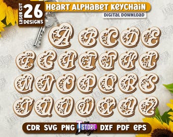 Heart Alphabet Keychains Laser Cut Bundle, Personalized Gift Tags, Heart Ornament, Letters A to Z, Alphabet Monogram, Valentine's Day Tags