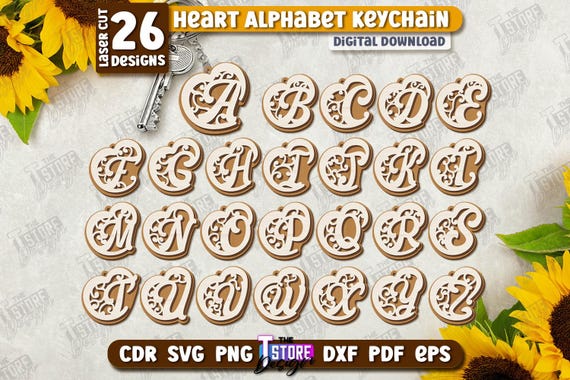Y♡ページ Heart Alphabet Keychains Laser Cut Bundle, Personalized Gift Tags