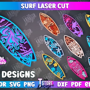 May include: Ten digital designs of surfboards with various laser cut patterns. The designs include an octopus, a turtle, a tiki mask, a seashell, and a seahorse. The designs are available in CDR, SVG, PNG, DXF, PDF, and EPS formats.