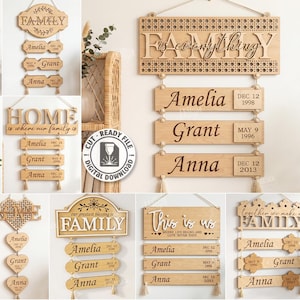 Pode incluir: Uma coleção de dez designs de madeira cortados a laser para pendurar na parede com frases como Family is everything, Home e This is us, com placas personalizáveis de nomes e datas suspensas por cordas, como arquivo digital.