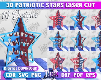 4th of July Star Stands Lasercut | 3D Standing Stars | Patriotic Star | Independence Day Table Top Decor | 3D Patriotic American Flag Stars